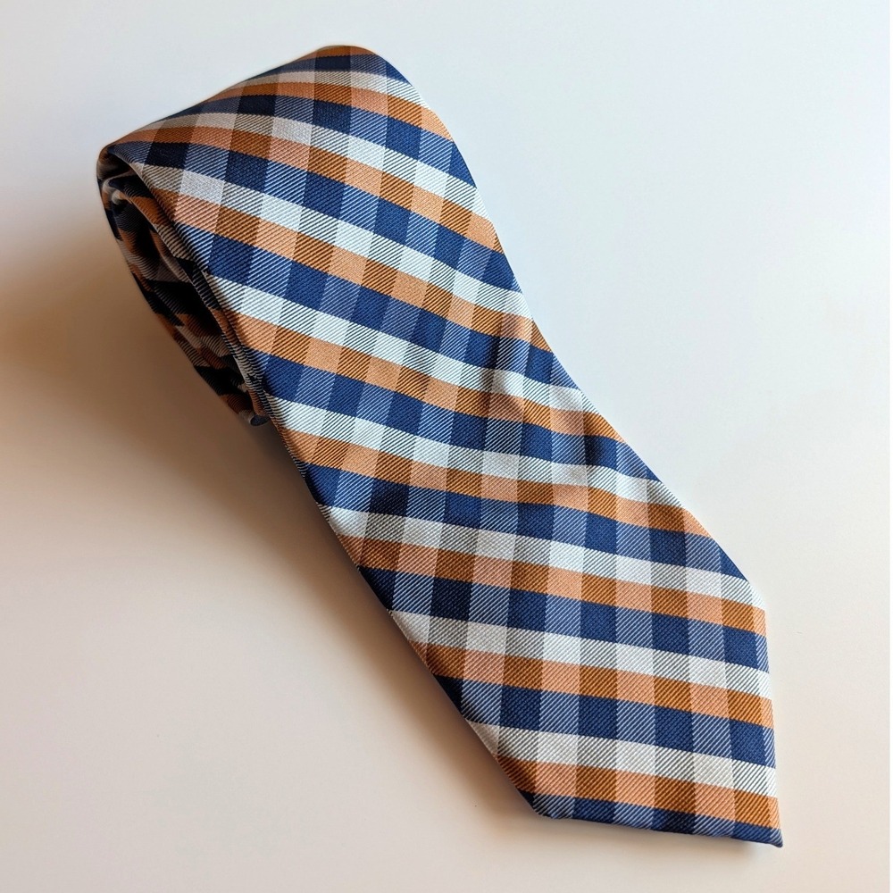 Chaps Mens Silk Necktie Navy Blue Copper Orange White Plaid Check Formal Tie